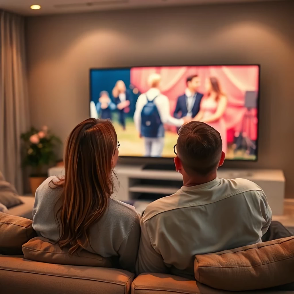 Couple watching a large-screen television in a modern living room